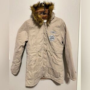 NWOT Taupe Fleece lined Military puffer like Fur Jacket Women’s L